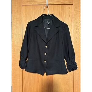 Jemma Women's Black Herringbone Blazer Gold Button Ruched 3/4 Sleeve Jacket Sz 6